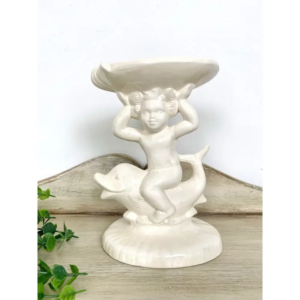Vintage Cherub Dolphin Shell Compote Pedestal Bowl Pearlized Ceramic Coastal